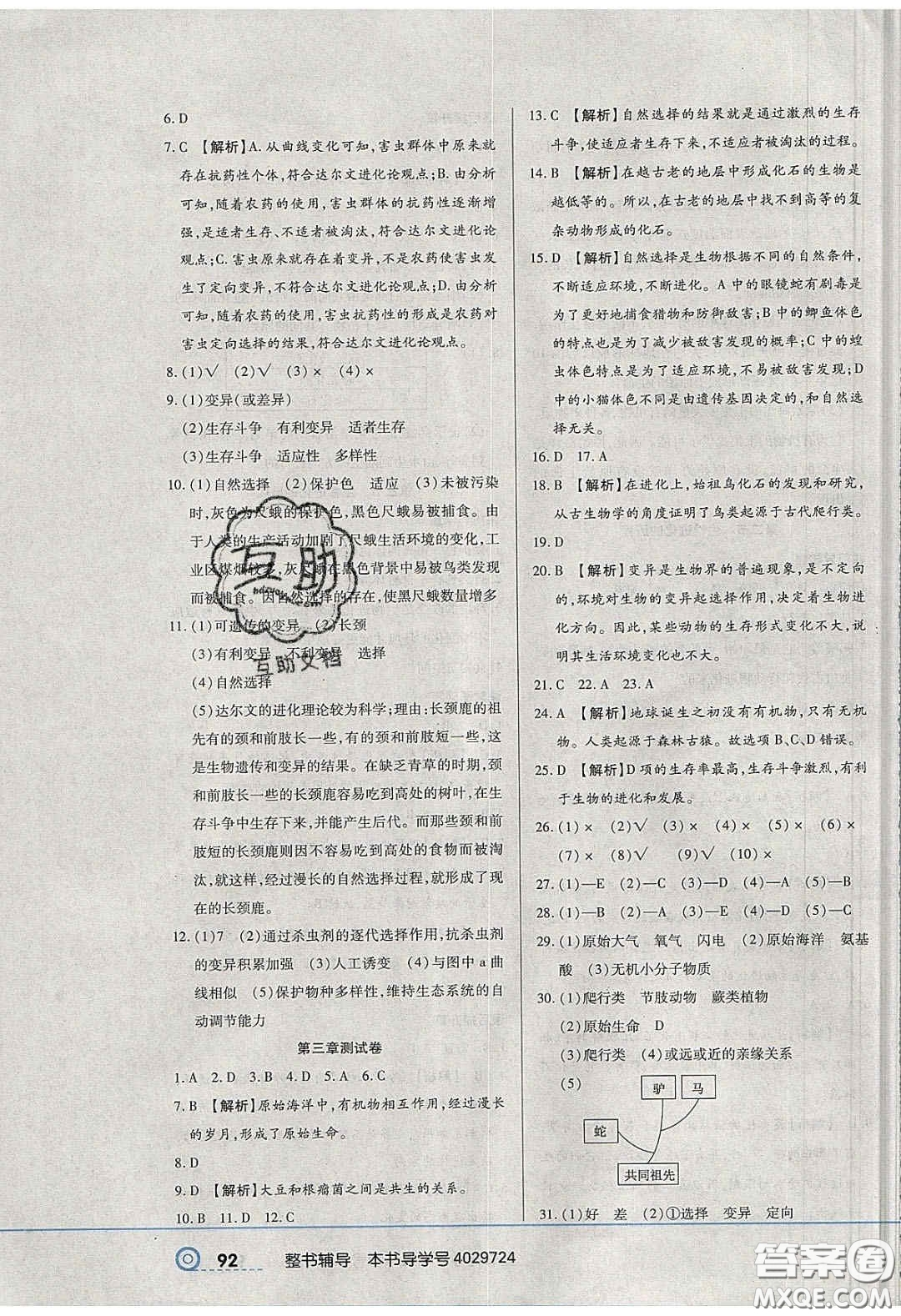 2020年中考123全程導(dǎo)練八年級生物學(xué)下冊人教版答案