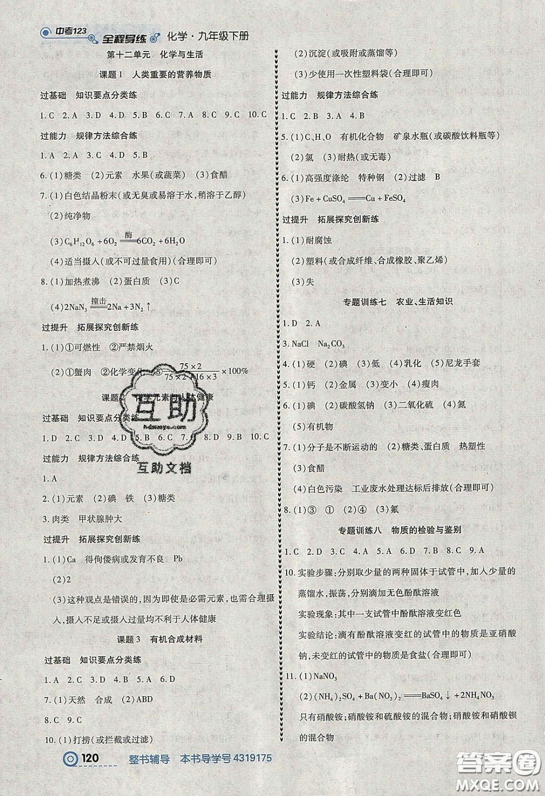 2020年中考123全程導(dǎo)練九年級(jí)化學(xué)下冊(cè)人教版答案