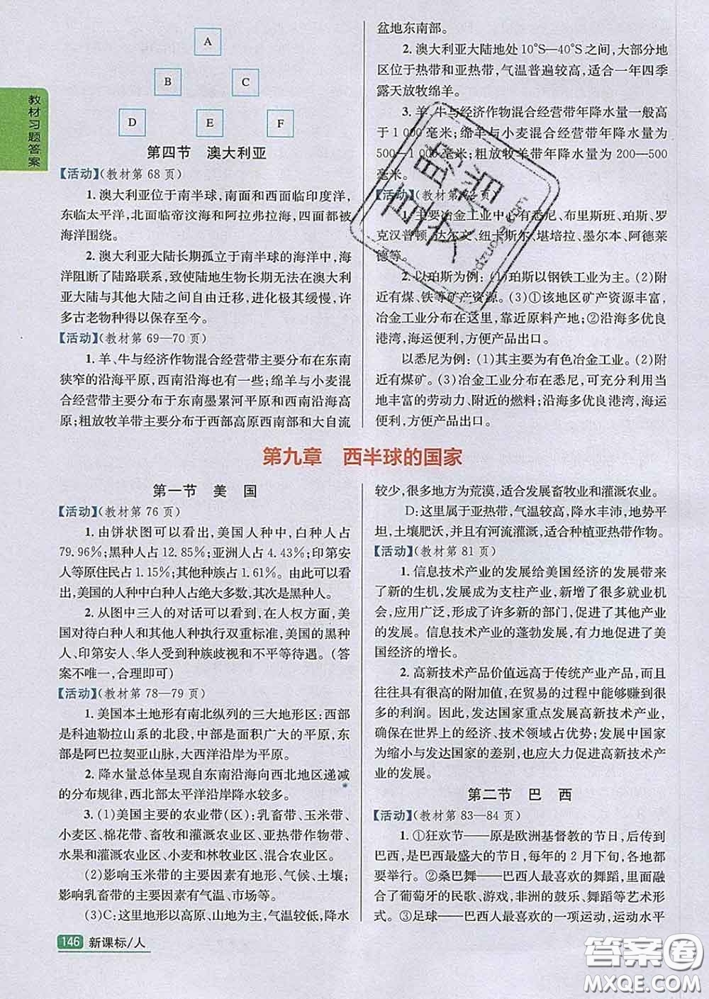 吉林人民出版社2020春尖子生學(xué)案七年級地理下冊人教版答案