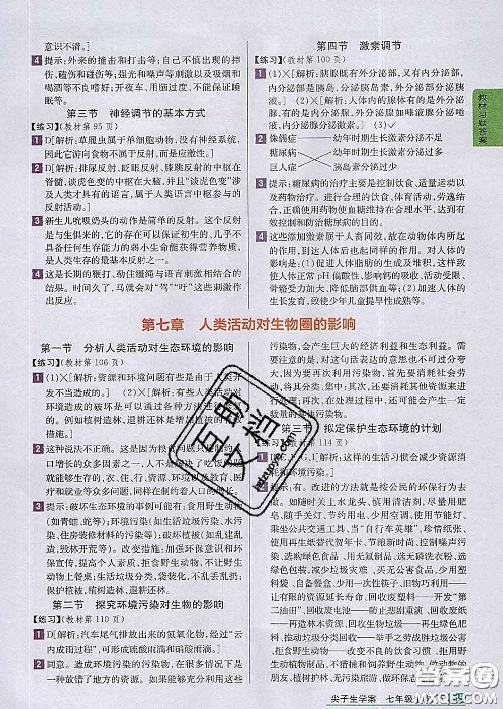 吉林人民出版社2020春尖子生學(xué)案七年級(jí)生物下冊(cè)人教版答案