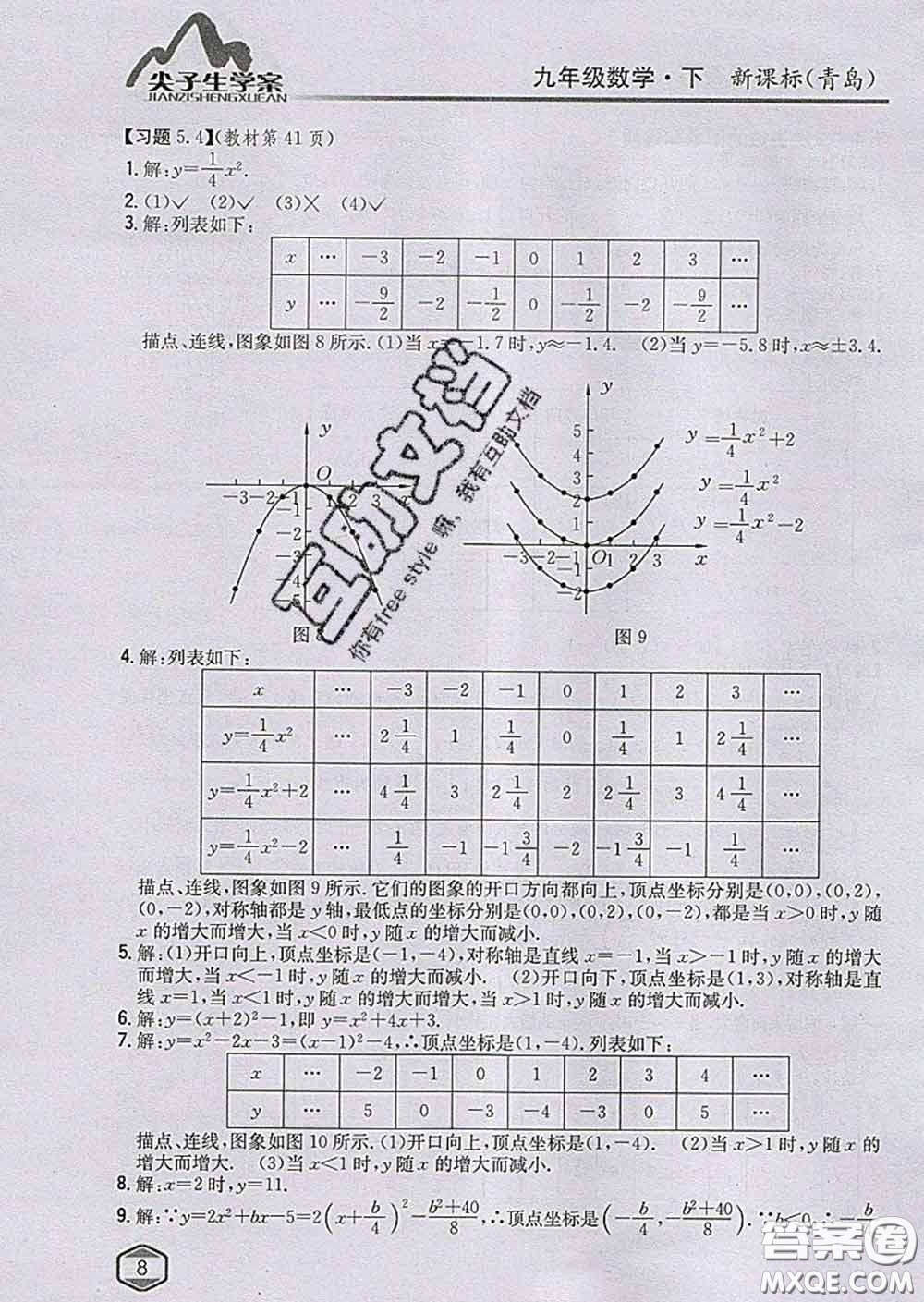 吉林人民出版社2020春尖子生學(xué)案九年級數(shù)學(xué)下冊青島版答案