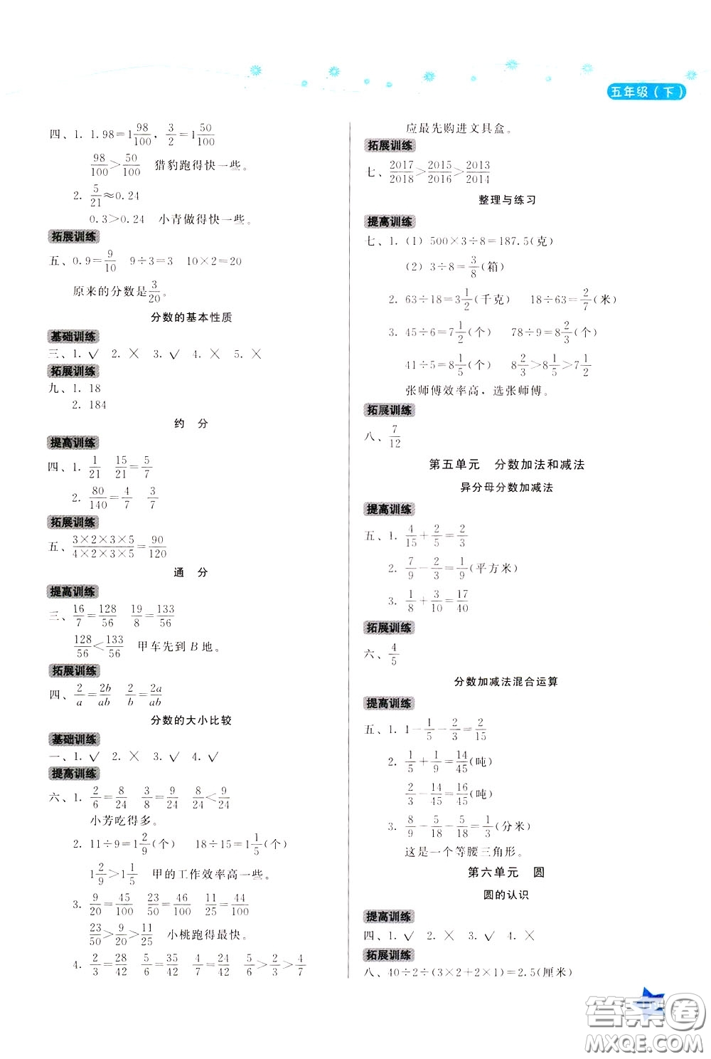 湖南教育出版社2020年學(xué)法大視野數(shù)學(xué)五年級下冊蘇教版參考答案