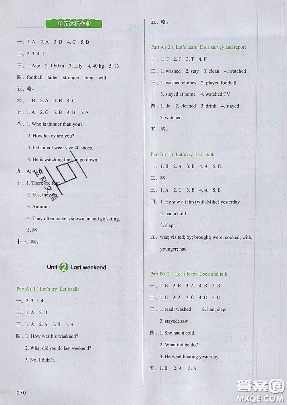 2020新版一本我愛寫作業(yè)小學(xué)英語六年級(jí)下冊(cè)人教版答案