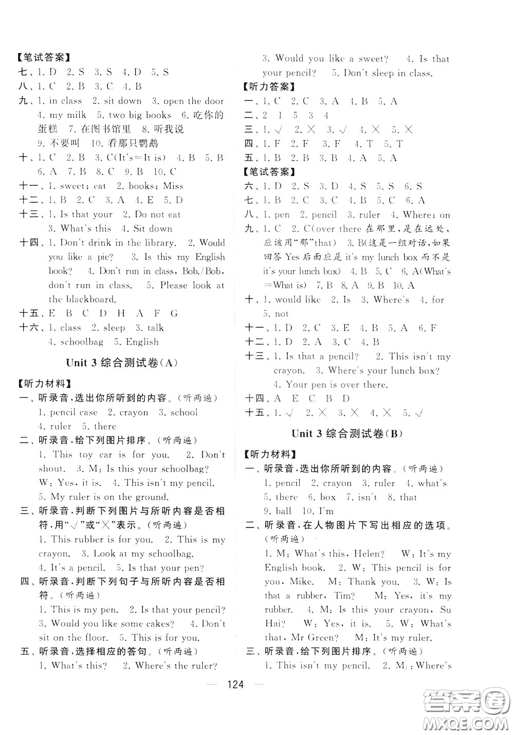 2020年學(xué)霸提優(yōu)大試卷單元月考英語(yǔ)三年級(jí)下冊(cè)江蘇專用參考答案