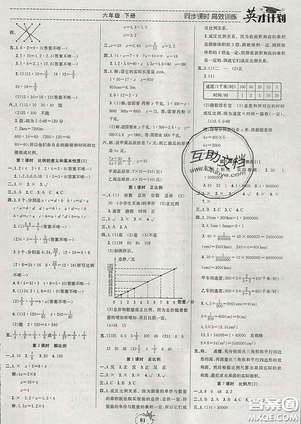 2020年英才計劃同步課時高效訓(xùn)練六年級數(shù)學(xué)下冊人教版答案