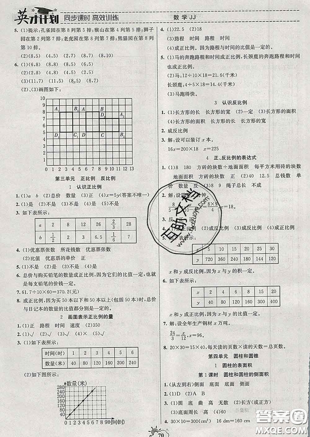 2020年英才計劃同步課時高效訓練六年級數(shù)學下冊冀教版答案