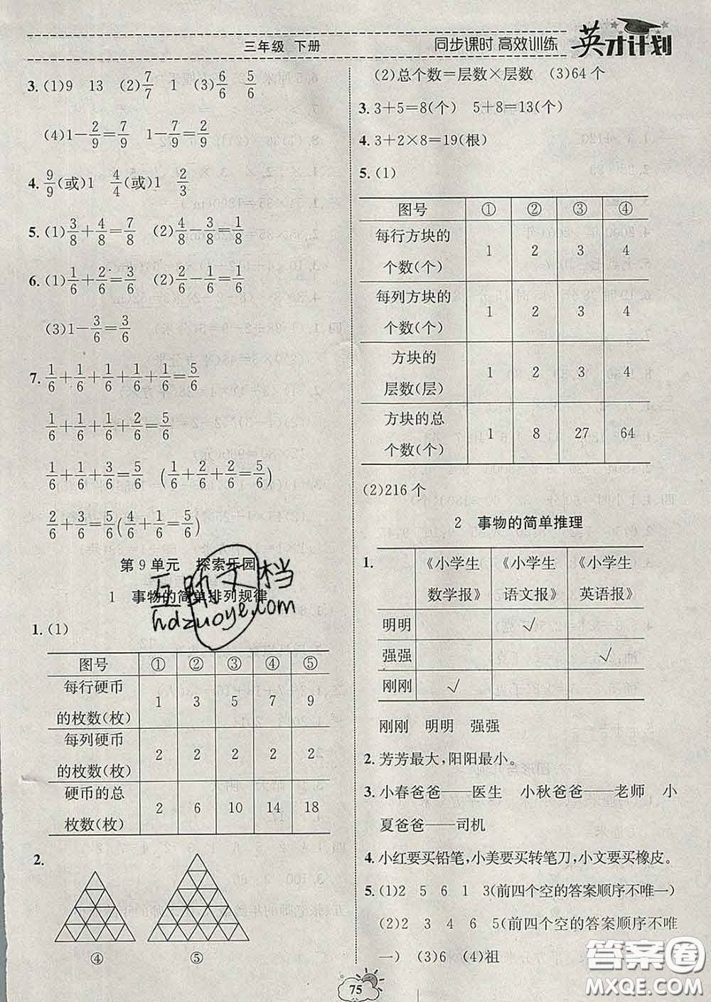 2020年英才計(jì)劃同步課時(shí)高效訓(xùn)練三年級數(shù)學(xué)下冊冀教版答案