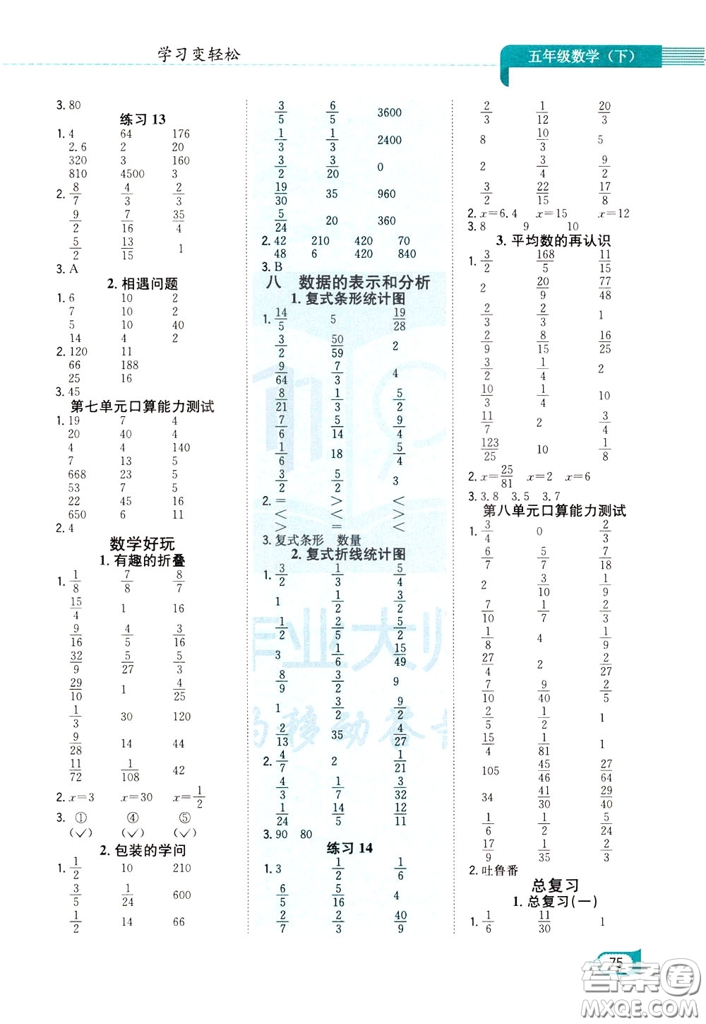 陜西人民教育出版社2020年口算一本通五年級下冊數(shù)學北京師大版參考答案