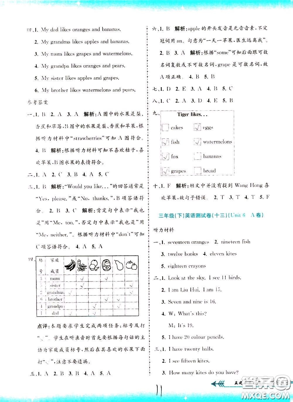 孟建平系列叢書2020年小學(xué)單元測試英語三年級(jí)下冊R人教版參考答案