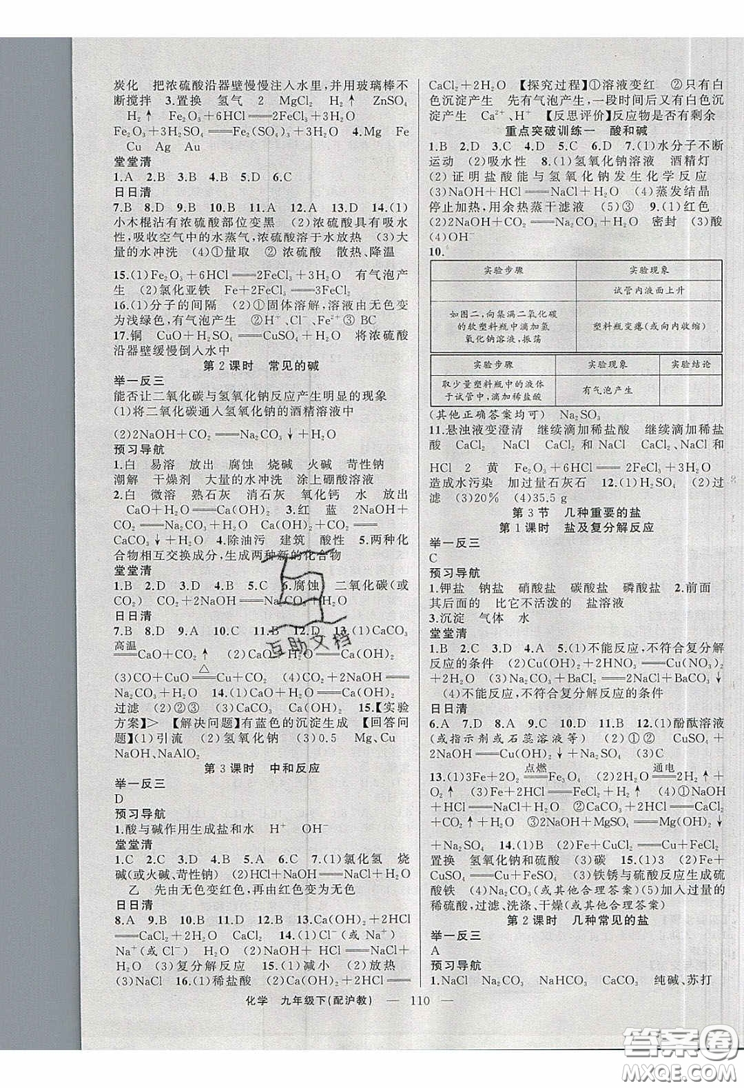 2020年四清導航九年級化學下冊滬教版答案