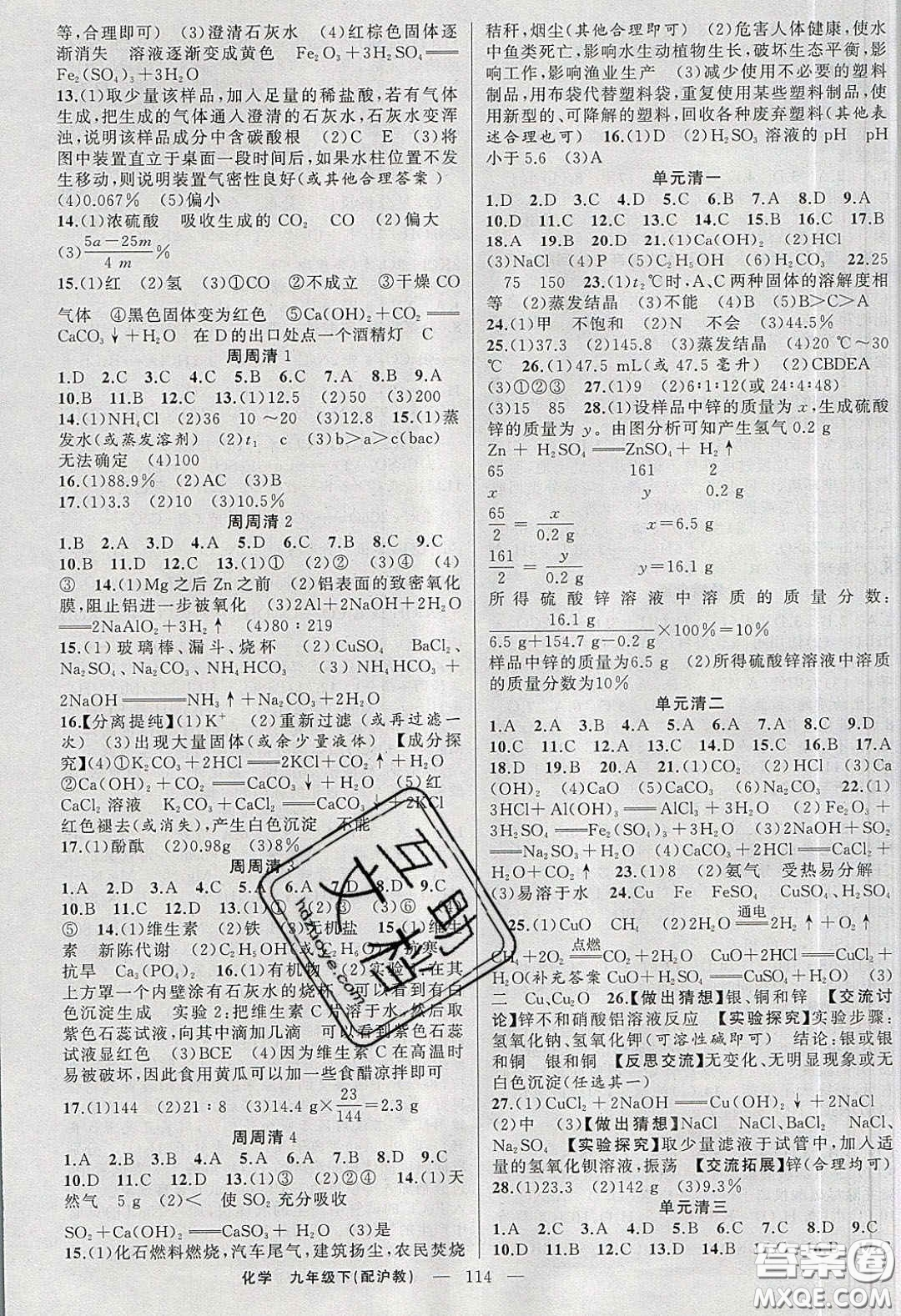 2020年四清導航九年級化學下冊滬教版答案