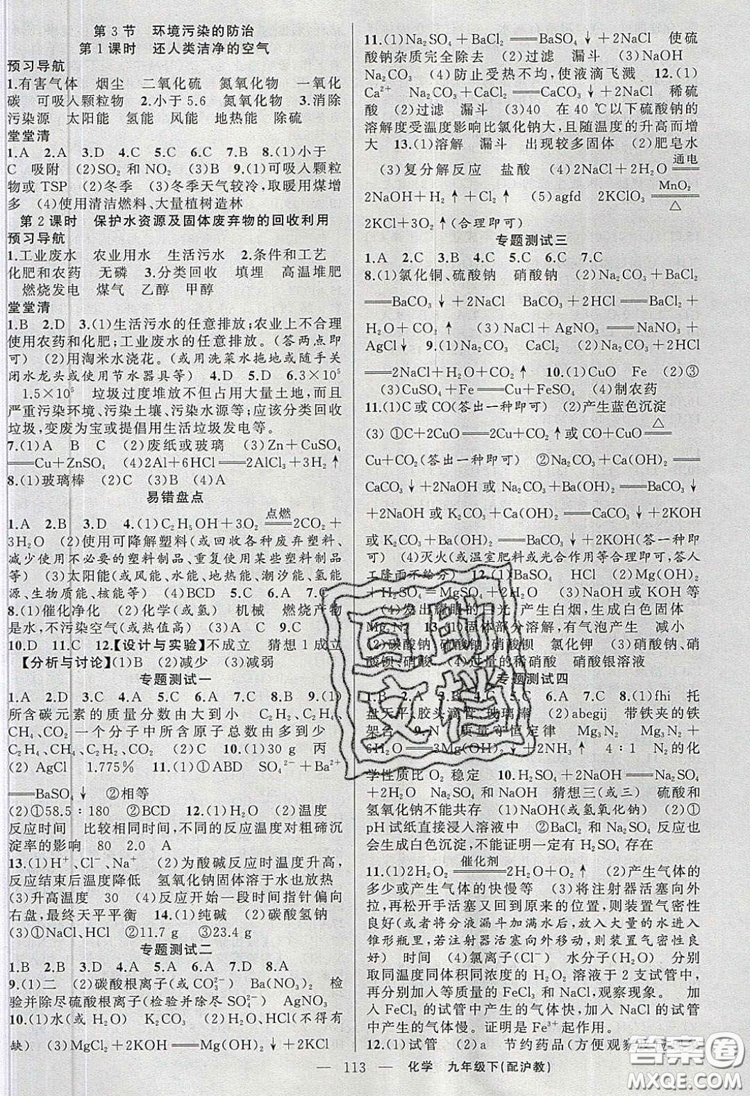 2020年四清導航九年級化學下冊滬教版答案