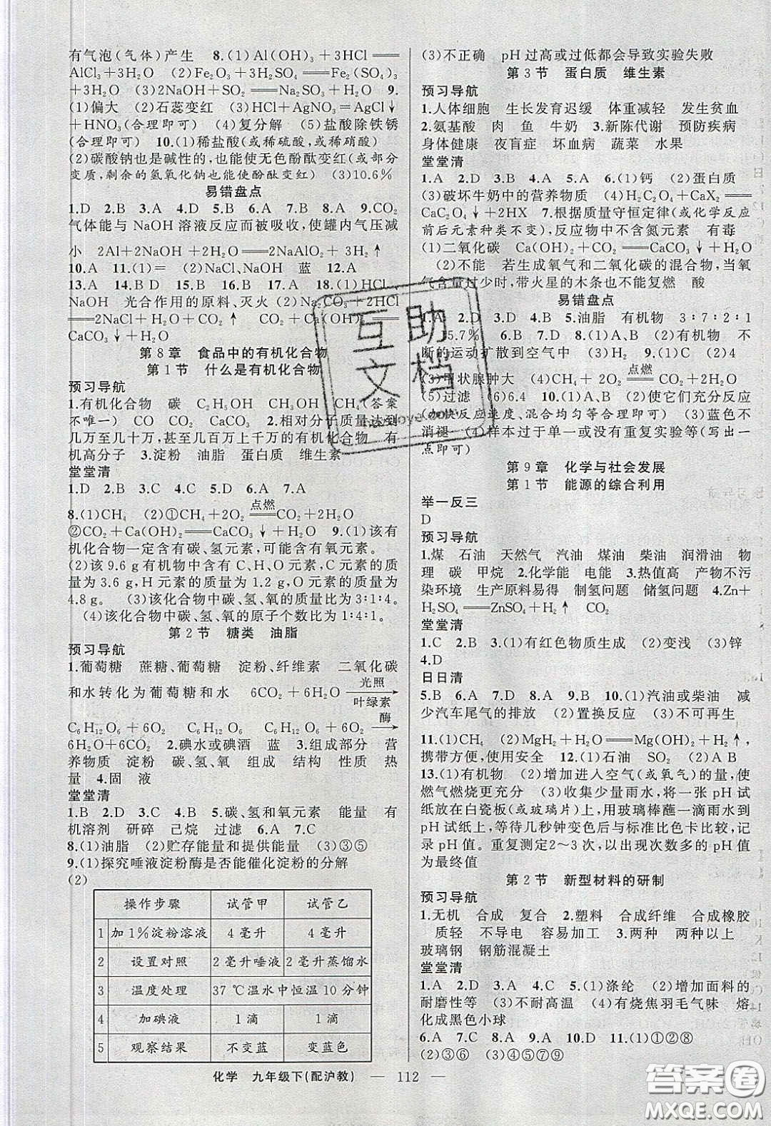 2020年四清導航九年級化學下冊滬教版答案