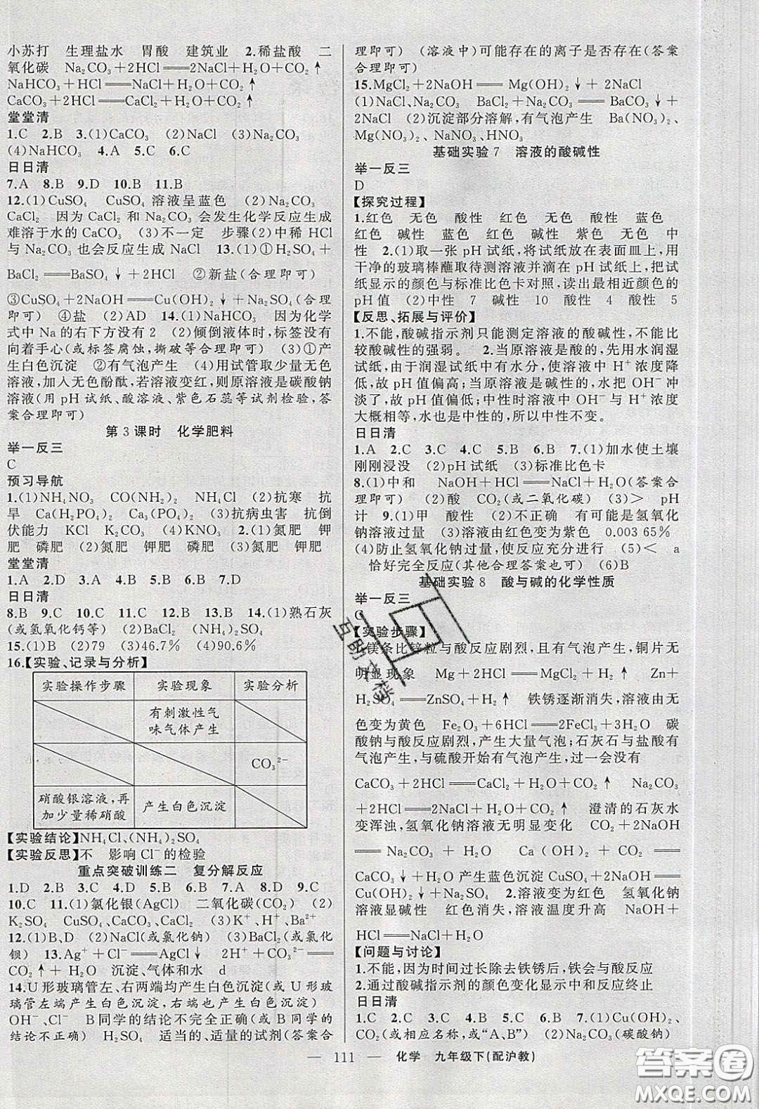 2020年四清導航九年級化學下冊滬教版答案