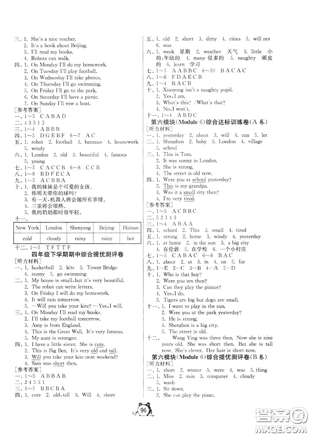 2020年單元雙測(cè)同步達(dá)標(biāo)活頁(yè)試卷英語(yǔ)四年級(jí)下冊(cè)WYS外研社新標(biāo)準(zhǔn)版參考答案