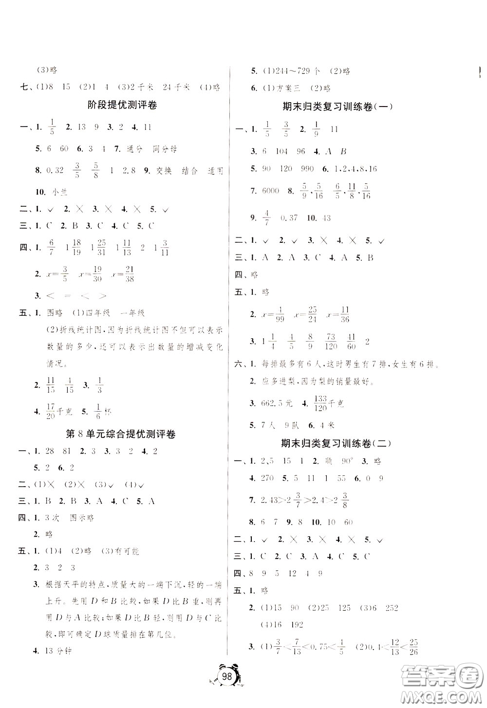 2020年單元雙測(cè)同步達(dá)標(biāo)活頁試卷數(shù)學(xué)五年級(jí)下冊(cè)RMJY人民教育版參考答案