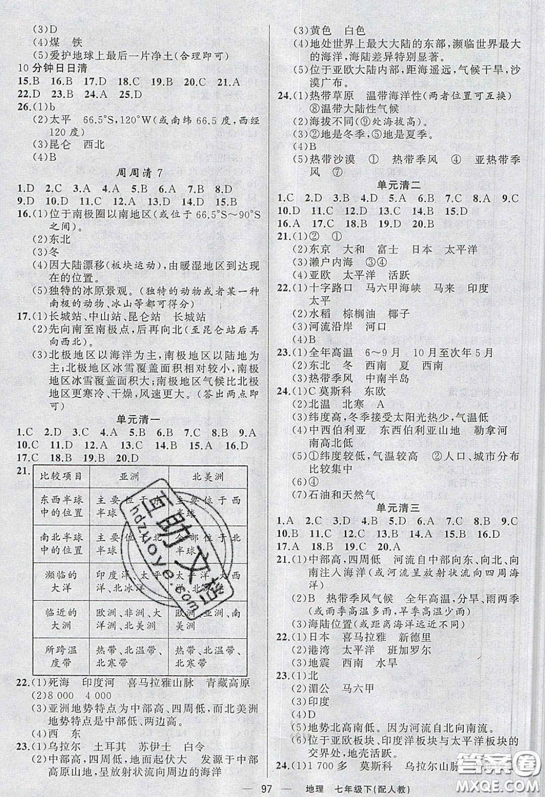 獵豹圖書2020年四清導航七年級地理下冊人教版答案