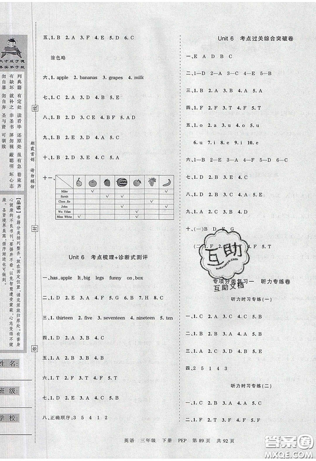 江西人民出版社2020年王朝霞考點(diǎn)梳理時(shí)習(xí)卷三年級(jí)數(shù)學(xué)下冊(cè)人教版答案