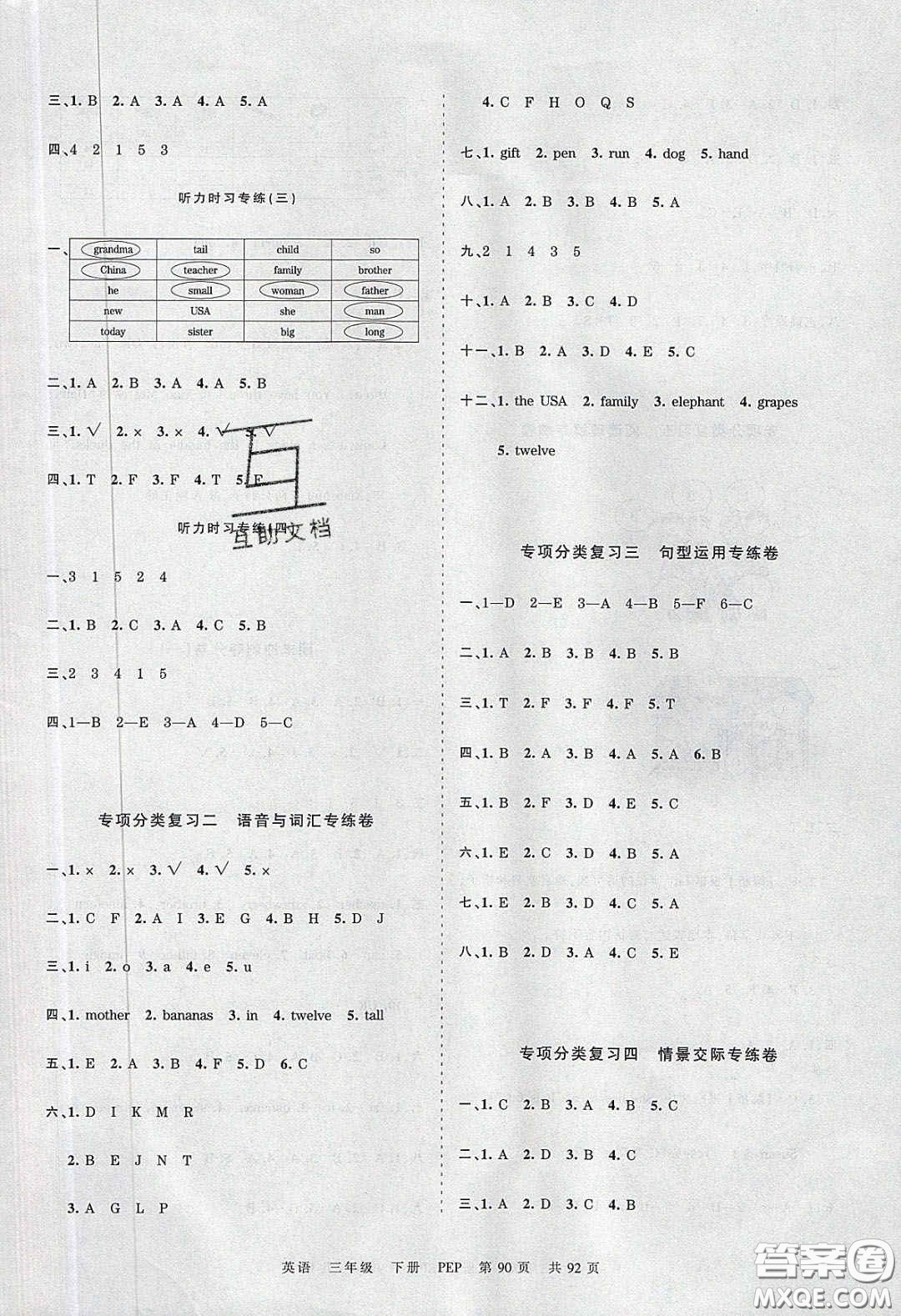 江西人民出版社2020年王朝霞考點(diǎn)梳理時(shí)習(xí)卷三年級(jí)數(shù)學(xué)下冊(cè)人教版答案