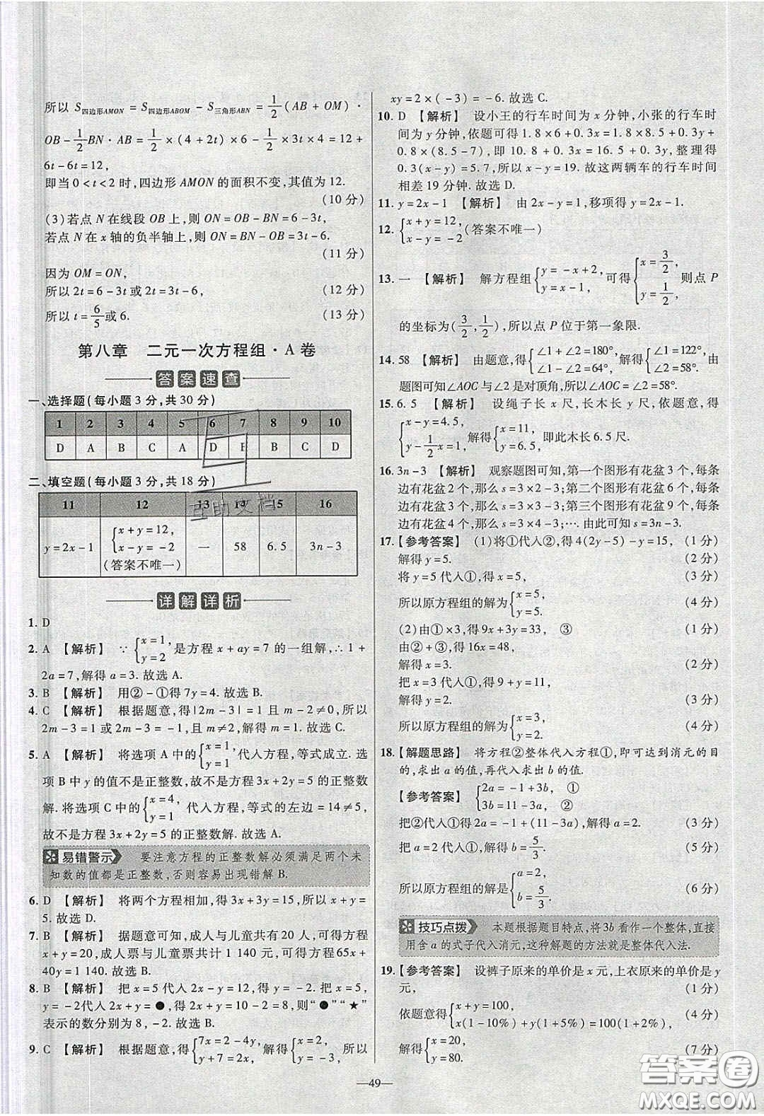 2020年金考卷活頁(yè)題選名師名題單元雙測(cè)七年級(jí)數(shù)學(xué)下冊(cè)人教版答案