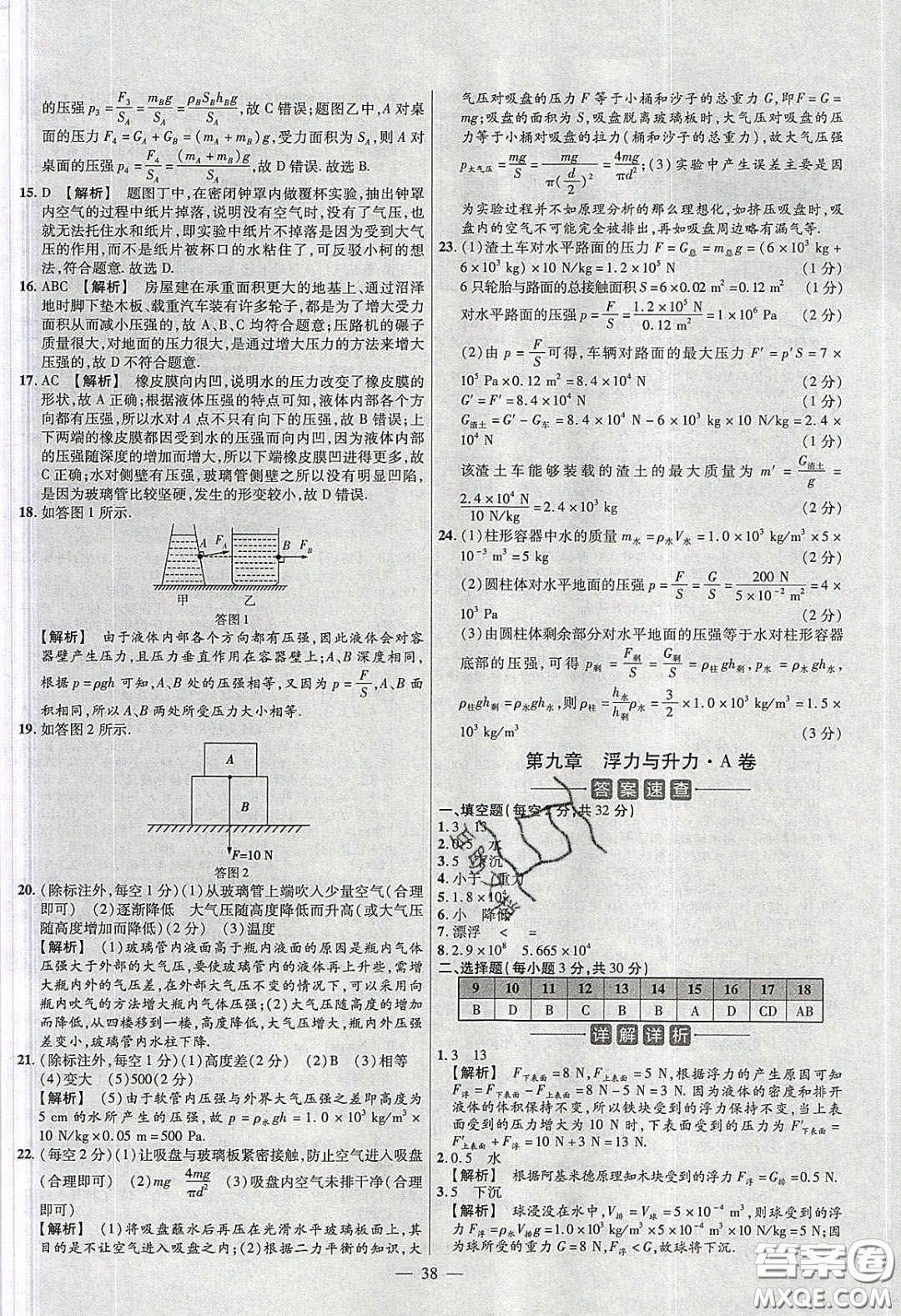 2020年金考卷活頁題選名師名題單元雙測八年級物理下冊滬粵版答案