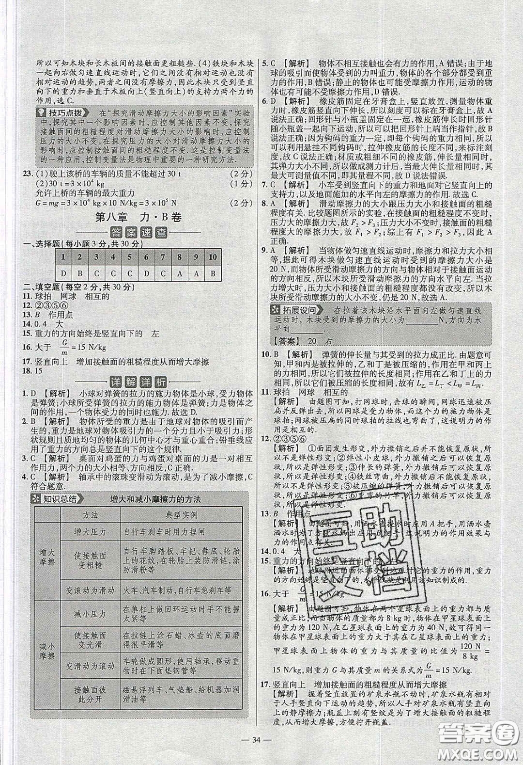 2020年金考卷活頁題選名師名題單元雙測八年級物理下冊蘇科版答案