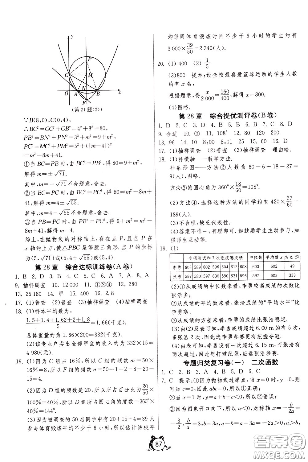 2020年單元雙測(cè)全程提優(yōu)測(cè)評(píng)卷數(shù)學(xué)九年級(jí)下冊(cè)HSD華師大版參考答案