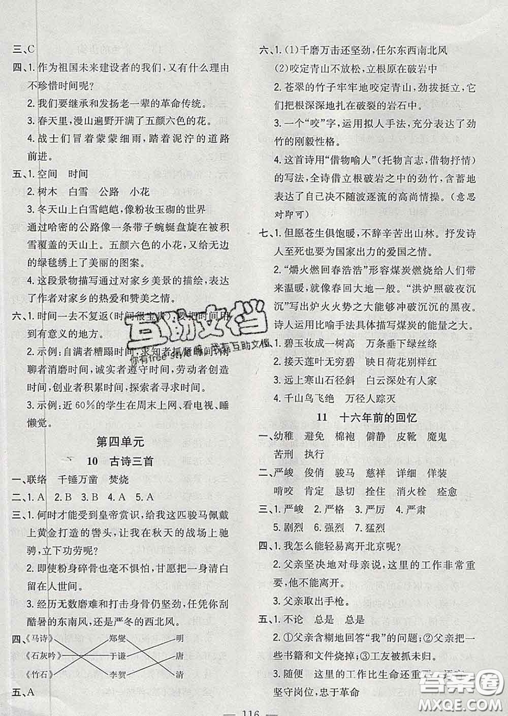 2020新版課時(shí)特訓(xùn)優(yōu)化作業(yè)本六年級(jí)語(yǔ)文下冊(cè)人教版答案