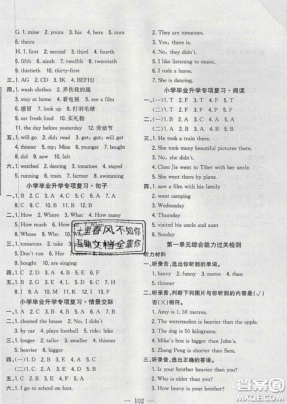 2020新版課時特訓(xùn)優(yōu)化作業(yè)本六年級英語下冊人教版答案