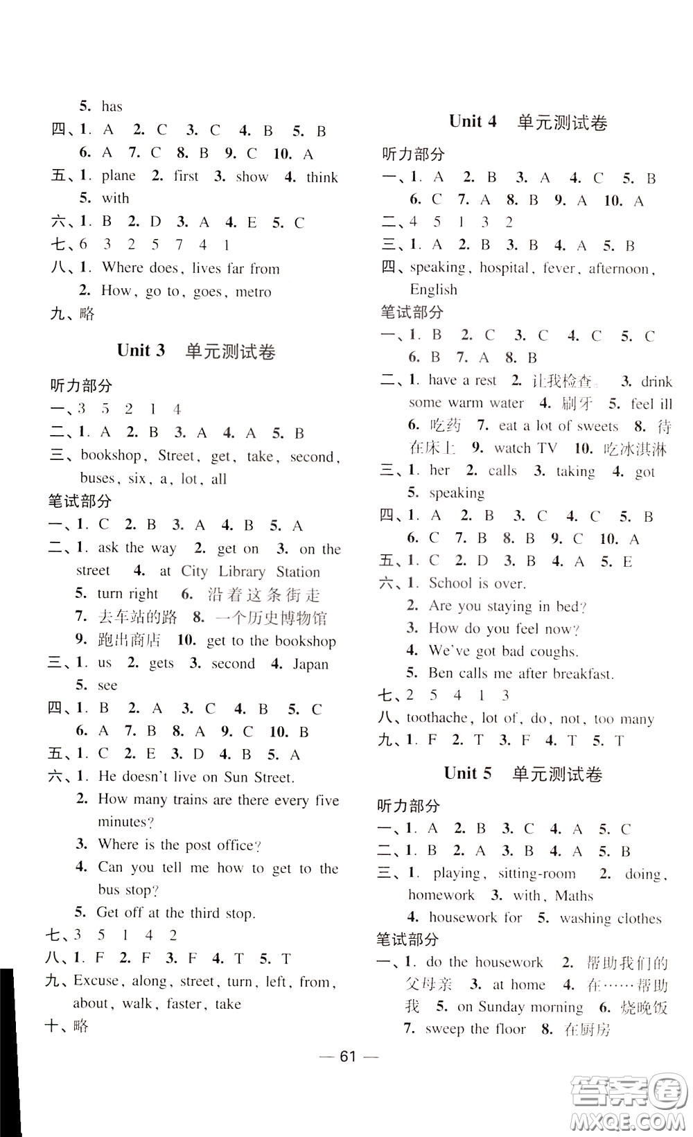 2020年隨堂練1加2課課練單元卷英語五年級(jí)下冊江蘇版參考答案