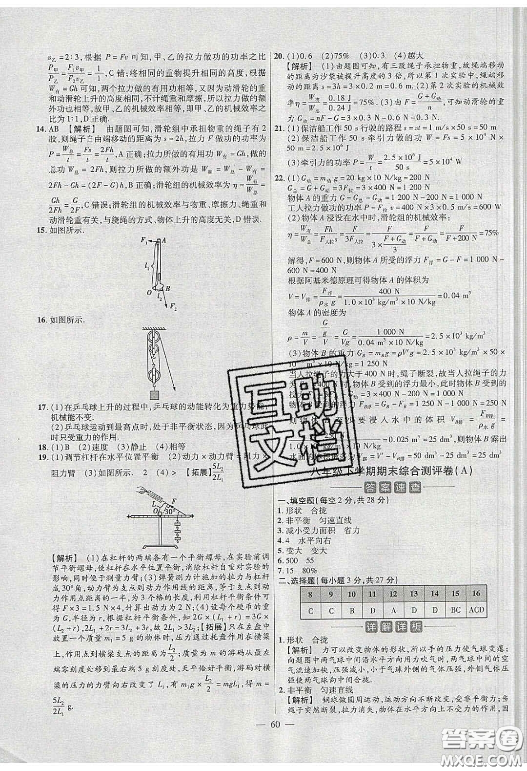 2020年金考卷活頁(yè)題選名師名題單元雙測(cè)八年級(jí)物理下冊(cè)人教版答案