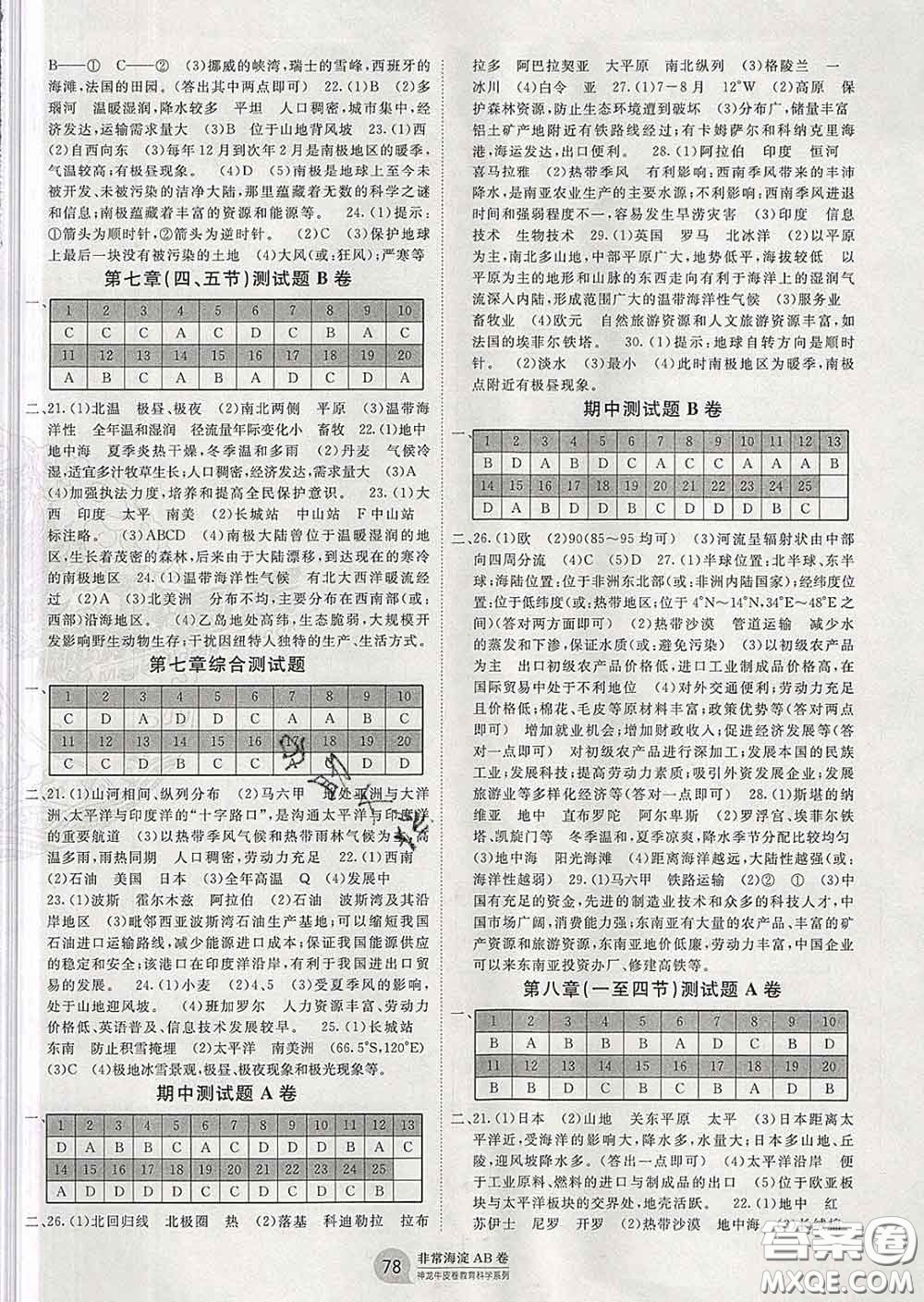 2020新版非常海淀單元測試AB卷七年級地理下冊湘教版答案