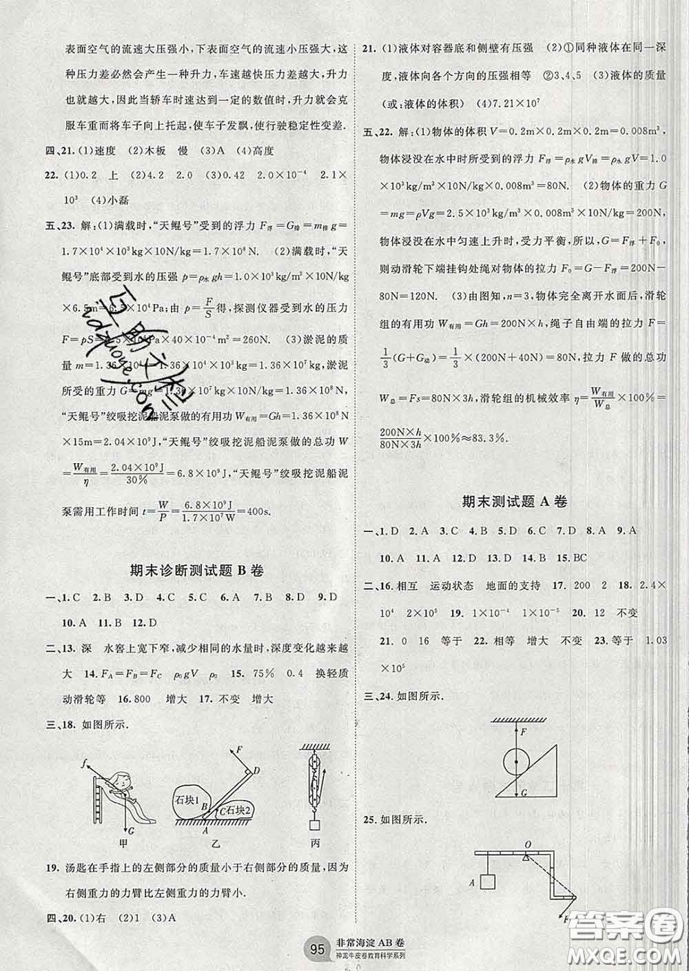 2020新版非常海淀單元測(cè)試AB卷八年級(jí)物理下冊(cè)教科版答案