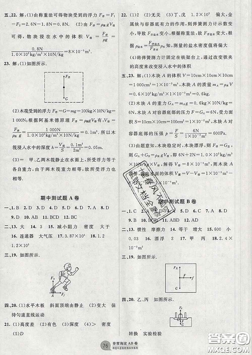 2020新版非常海淀單元測(cè)試AB卷八年級(jí)物理下冊(cè)魯科版答案