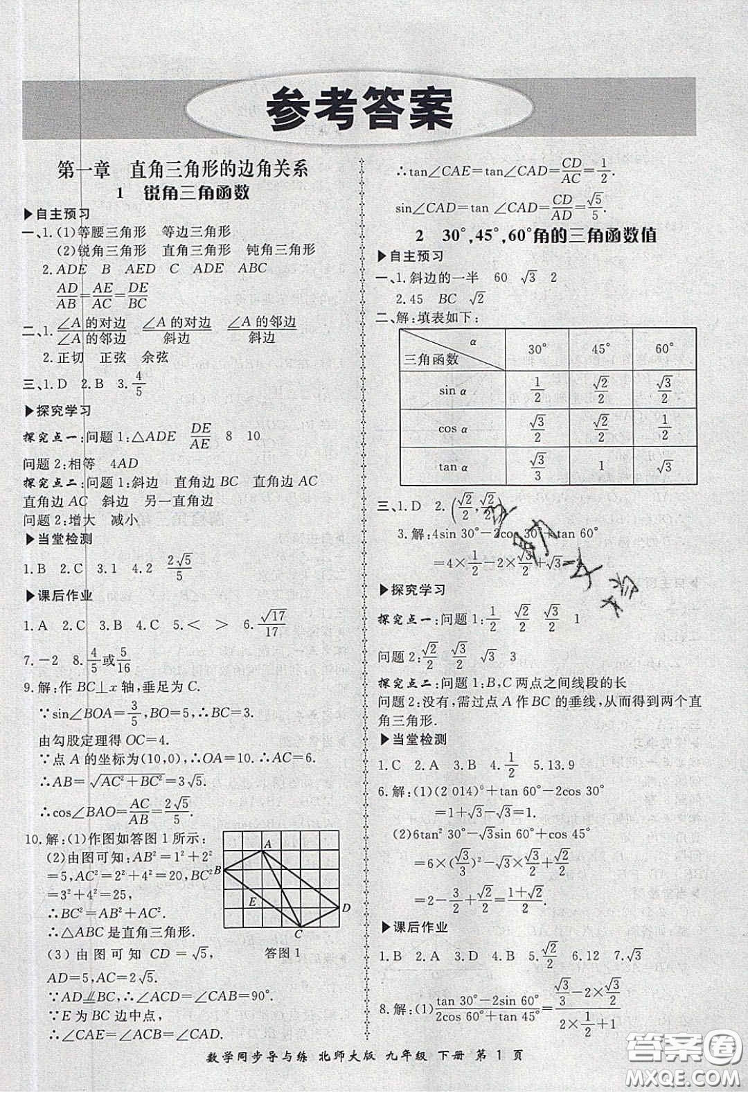 鄭州大學(xué)出版社2020新學(xué)案同步導(dǎo)與練數(shù)學(xué)九年級下冊北師大版答案