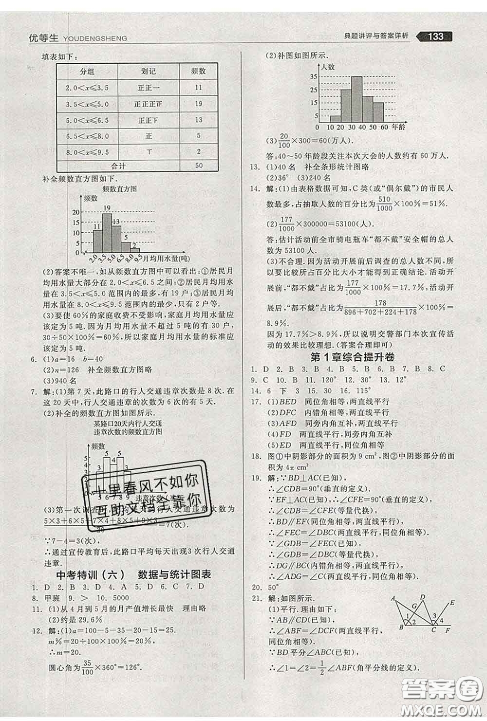 陽光出版社2020春全品優(yōu)等生七年級數(shù)學下冊浙教版答案