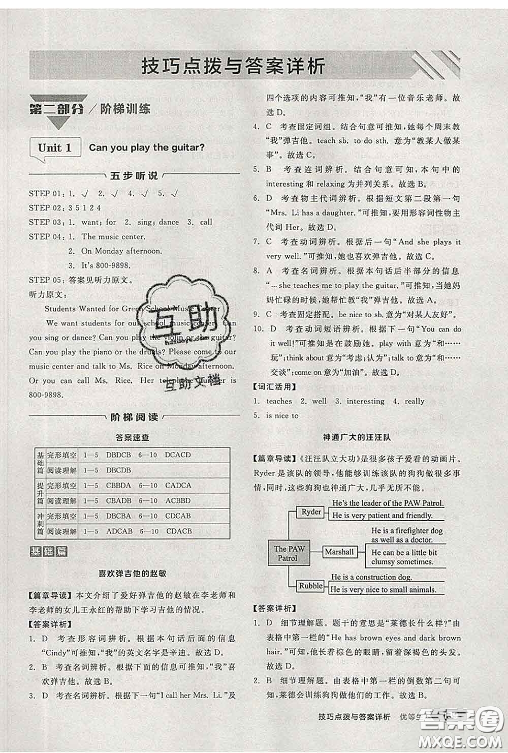 陽(yáng)光出版社2020春全品優(yōu)等生七年級(jí)英語(yǔ)下冊(cè)人教版答案