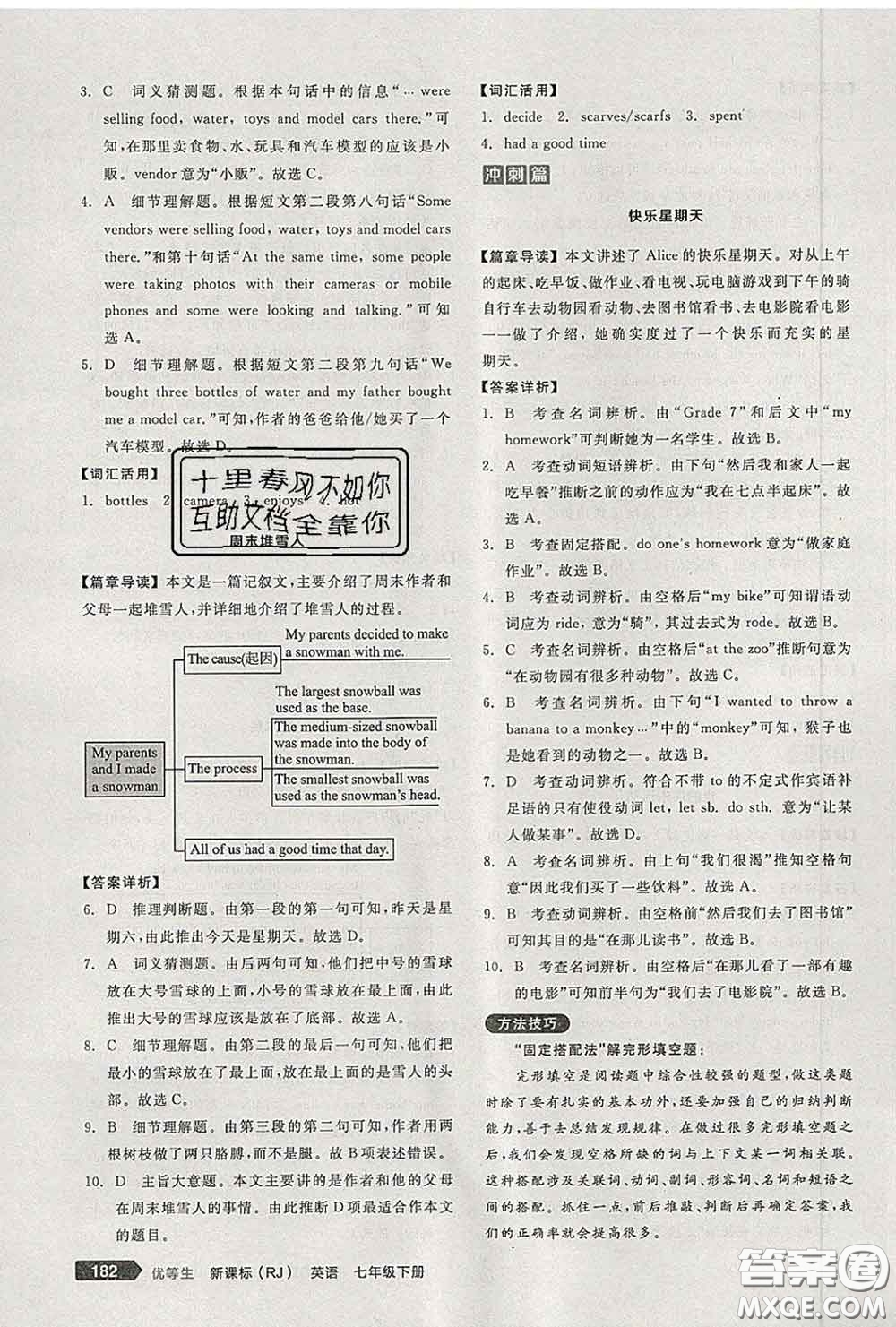 陽(yáng)光出版社2020春全品優(yōu)等生七年級(jí)英語(yǔ)下冊(cè)人教版答案