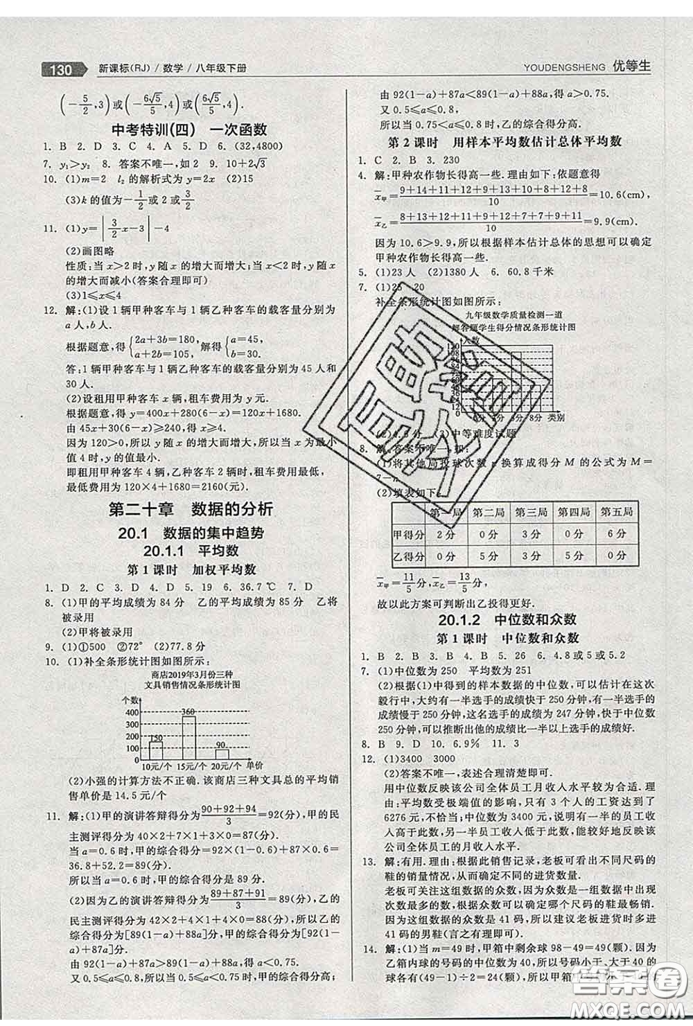 陽光出版社2020春全品優(yōu)等生八年級數(shù)學(xué)下冊人教版答案