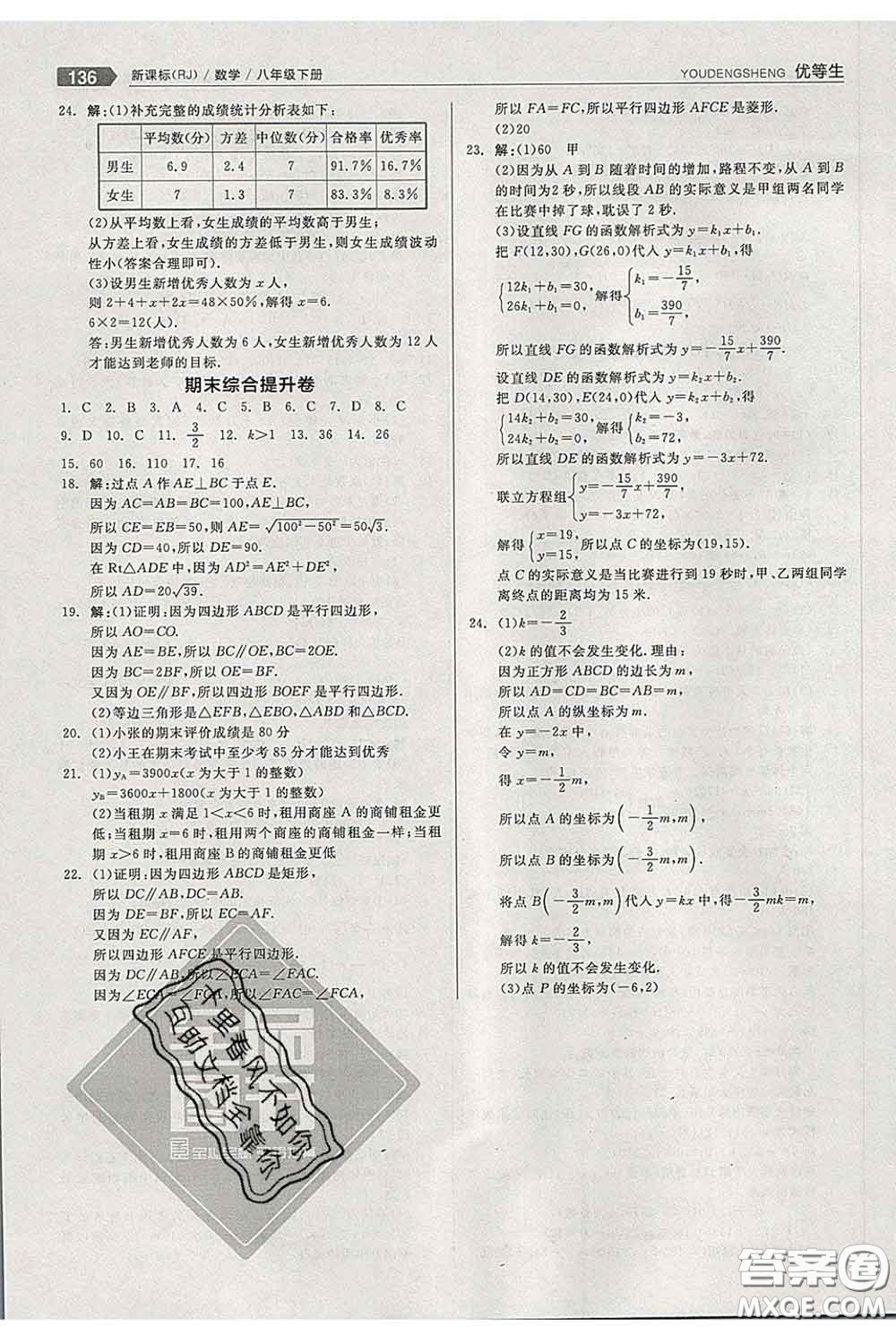 陽光出版社2020春全品優(yōu)等生八年級數(shù)學(xué)下冊人教版答案