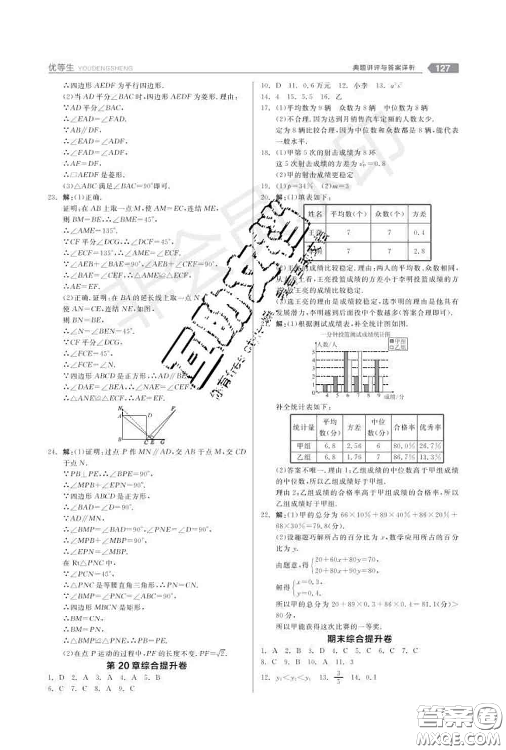 陽光出版社2020春全品優(yōu)等生八年級(jí)數(shù)學(xué)下冊華師版答案