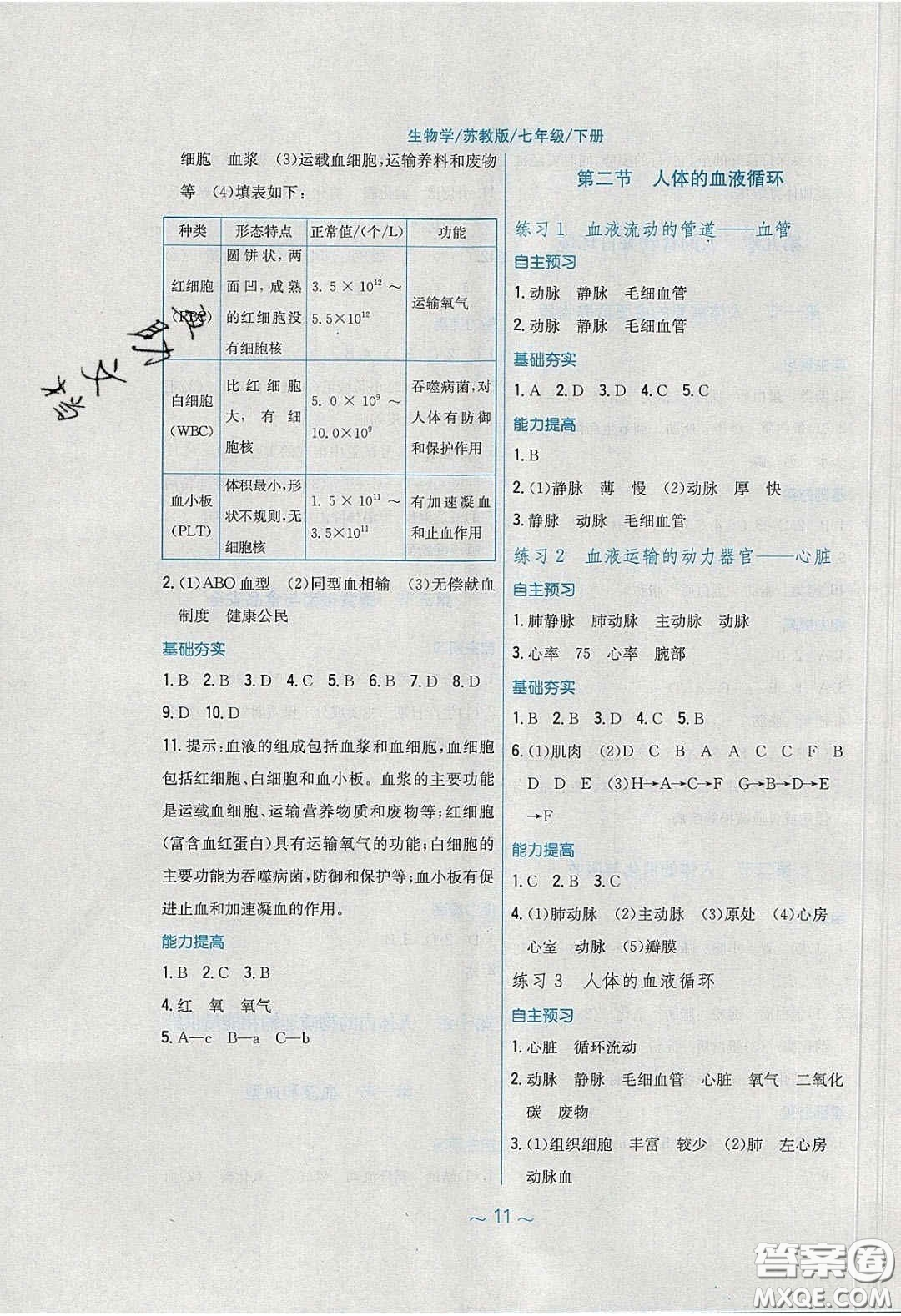 2020年新編基礎(chǔ)訓(xùn)練七年級(jí)生物學(xué)下冊(cè)湘教版答案