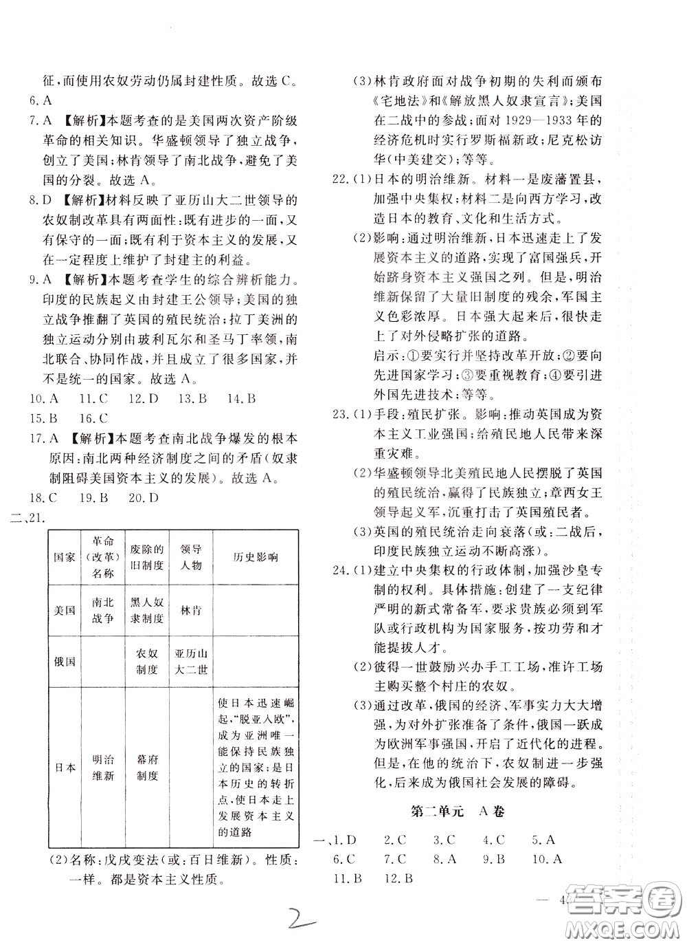 2020年新課堂AB卷單元測中國歷史九年級(jí)下冊參考答案