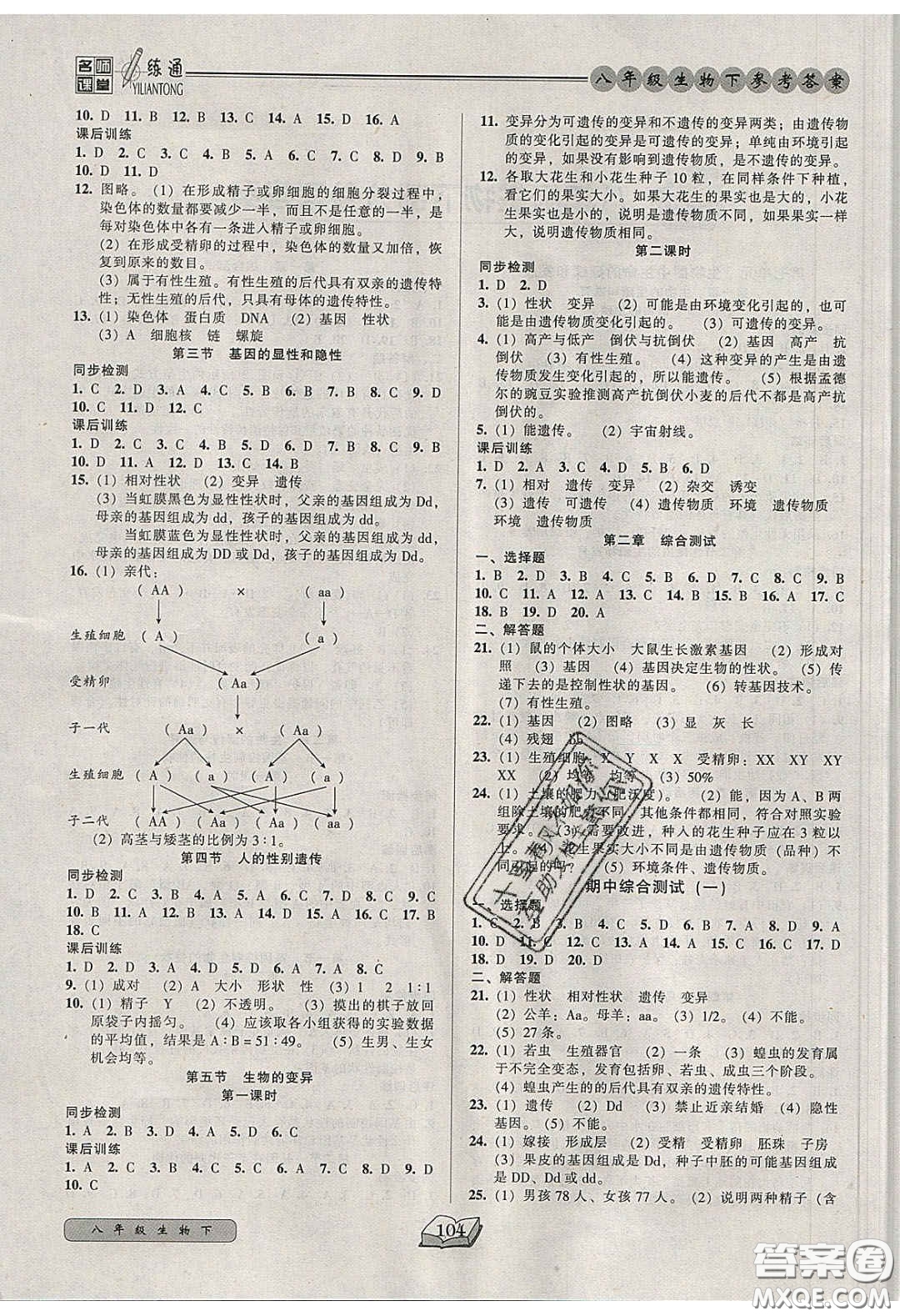 2020年名師課堂一練通八年級生物下冊人教版答案