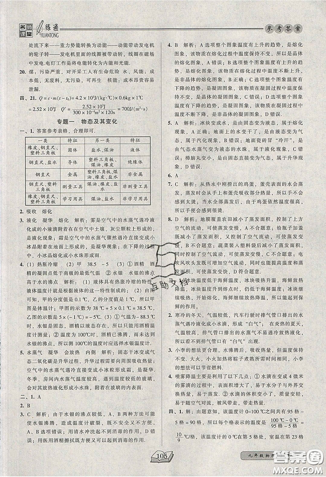 2020年名師課堂一練通九年級物理下冊北師大版答案