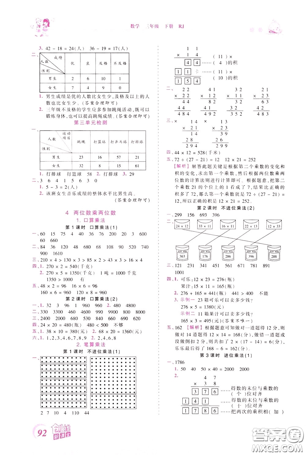 2020年王朝霞創(chuàng)維新課堂同步優(yōu)化訓(xùn)練數(shù)學(xué)三年級下冊RJ人教版參考答案