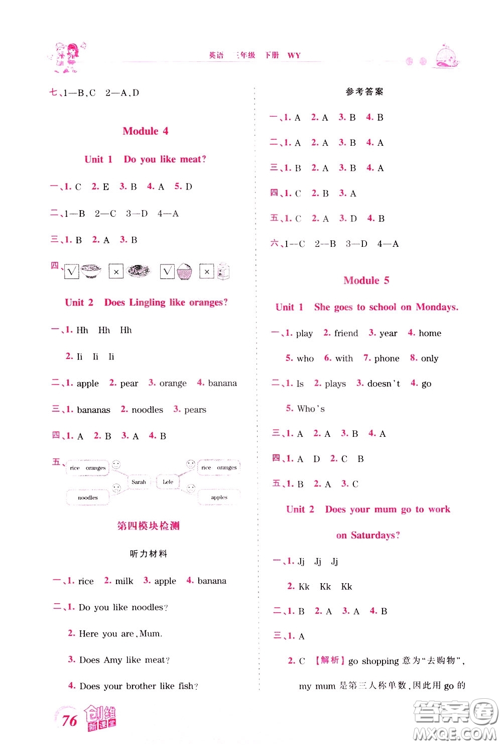 2020年王朝霞創(chuàng)維新課堂同步優(yōu)化訓(xùn)練英語三年級下冊WY外研版參考答案