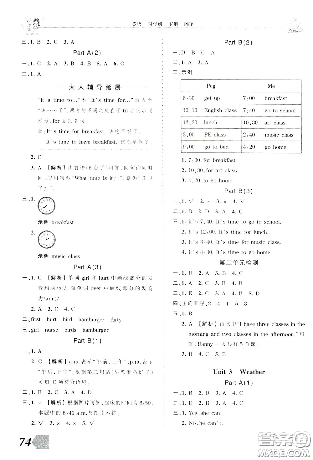 2020年王朝霞創(chuàng)維新課堂同步優(yōu)化訓(xùn)練英語四年級下冊PEP人教版參考答案