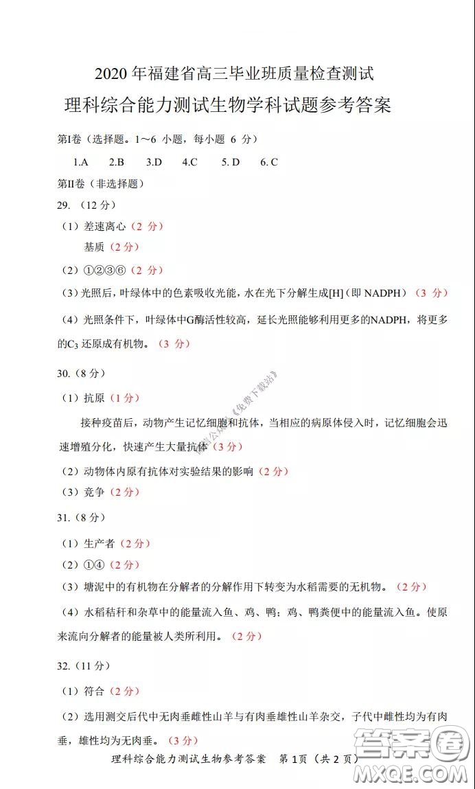 2020年福建省高三畢業(yè)班質(zhì)量檢查測試?yán)砜凭C合答案