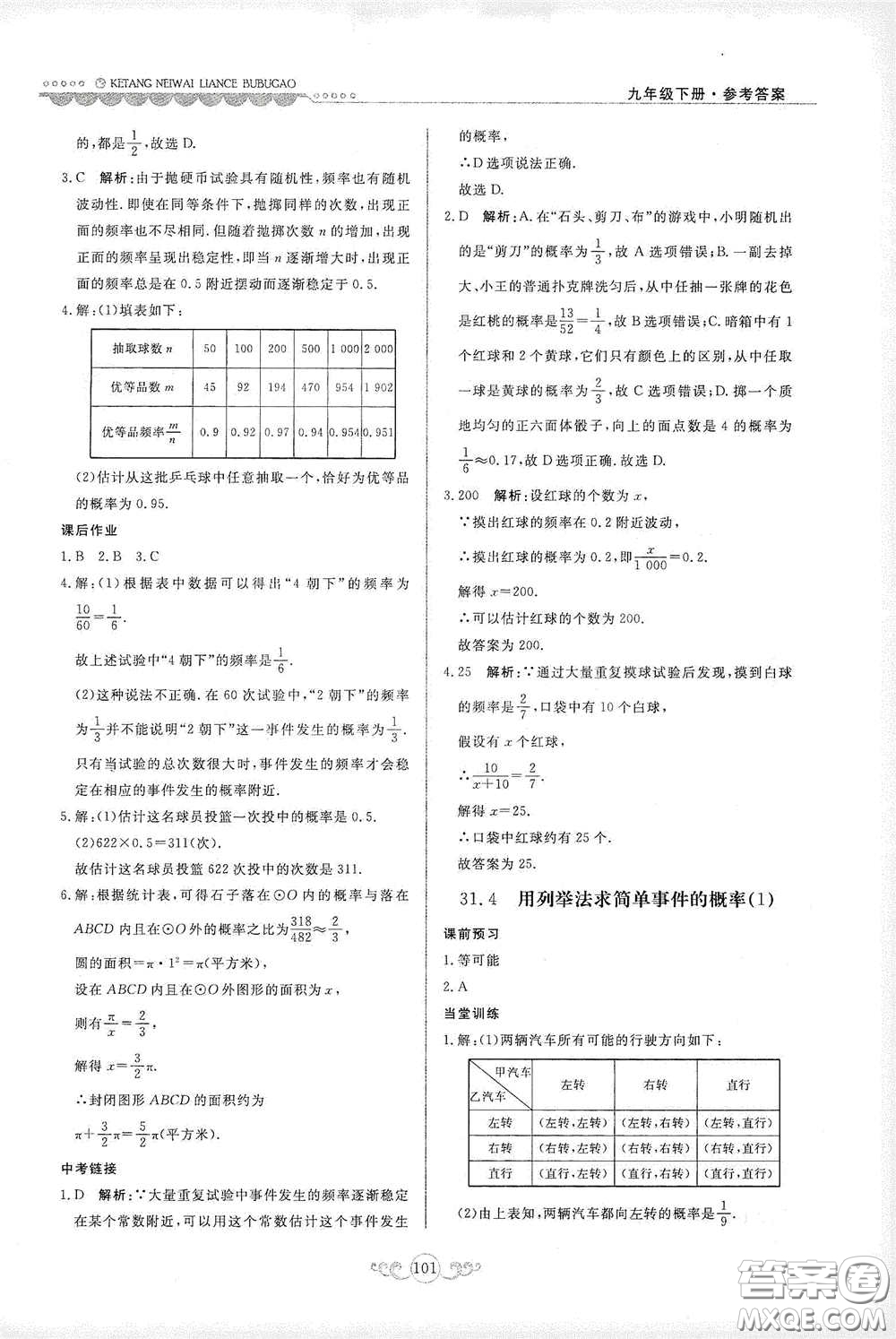 河北美術(shù)出版社2020課堂內(nèi)外練測步步高九年級數(shù)學(xué)下冊河北教育版答案